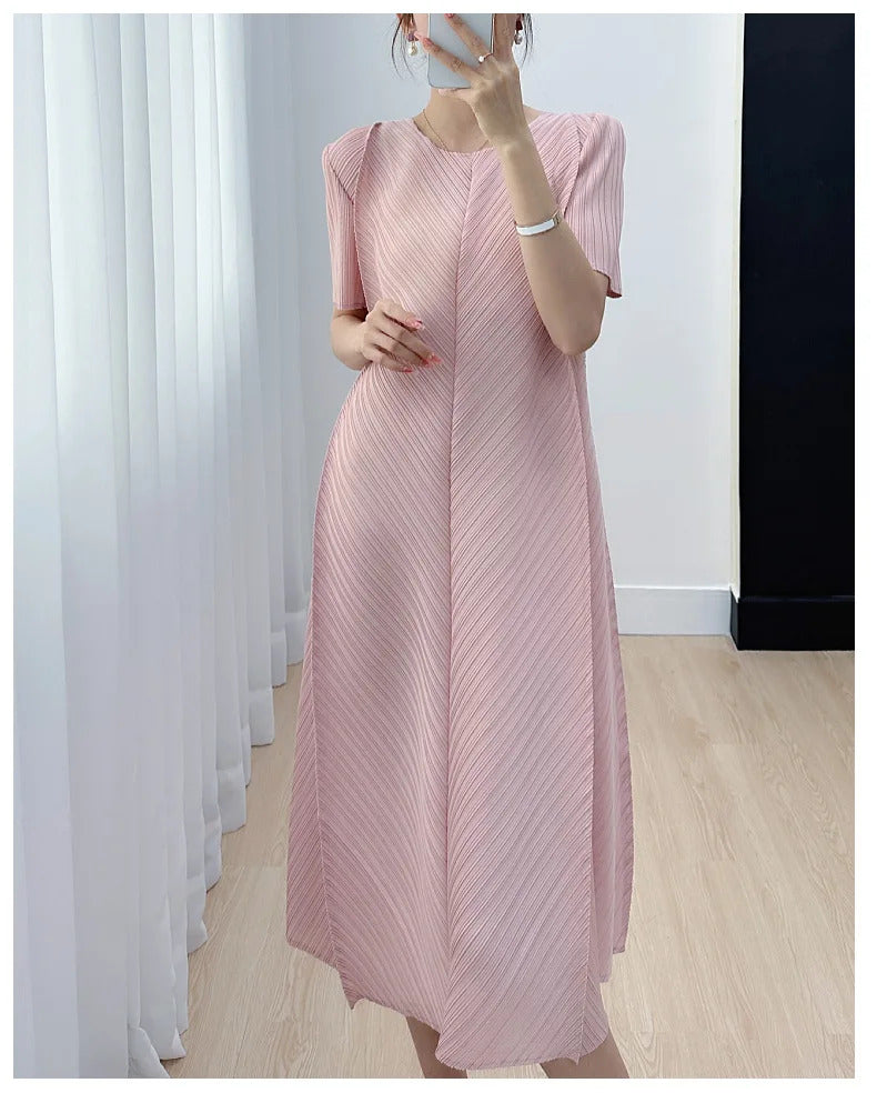 Pleated Dress for Women 2025 Summer New Casual Loose Oblique Pleated Pure Color Minimal Versatile Short Sleeve Dresses