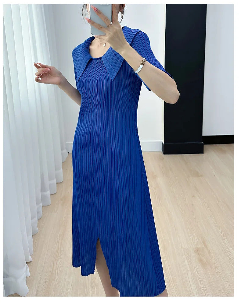 Pleated Dress for Women 2025 Summer New Skirt High-End Temperament Youthful-Looking Niche Lapel Slit Versatile Dresses