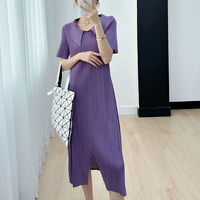 Pleated Dress for Women 2025 Summer New Skirt High-End Temperament Youthful-Looking Niche Lapel Slit Versatile Dresses