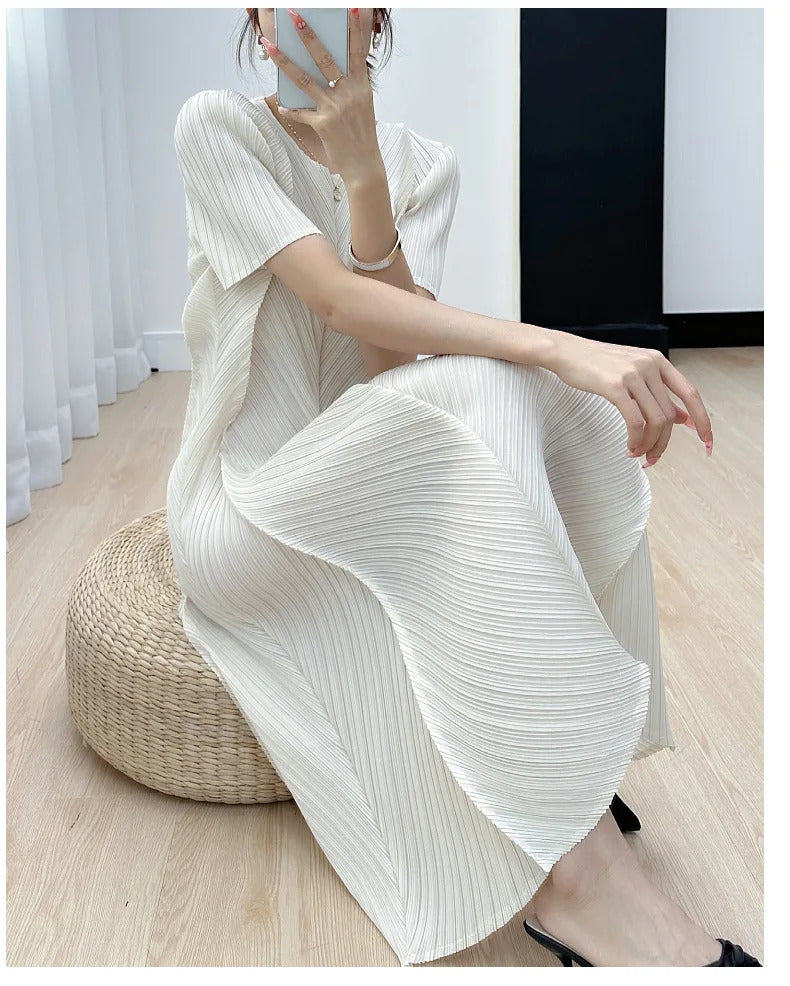 Pleated Dress for Women 2025 Summer New Casual Loose Oblique Pleated Pure Color Minimal Versatile Short Sleeve Dresses