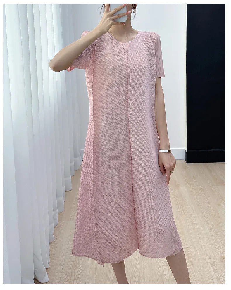 Pleated Dress for Women 2025 Summer New Casual Loose Oblique Pleated Pure Color Minimal Versatile Short Sleeve Dresses