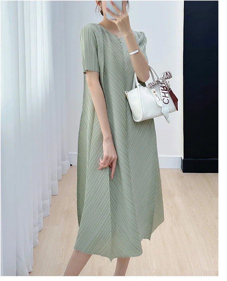 Pleated Dress for Women 2025 Summer New Casual Loose Oblique Pleated Pure Color Minimal Versatile Short Sleeve Dresses