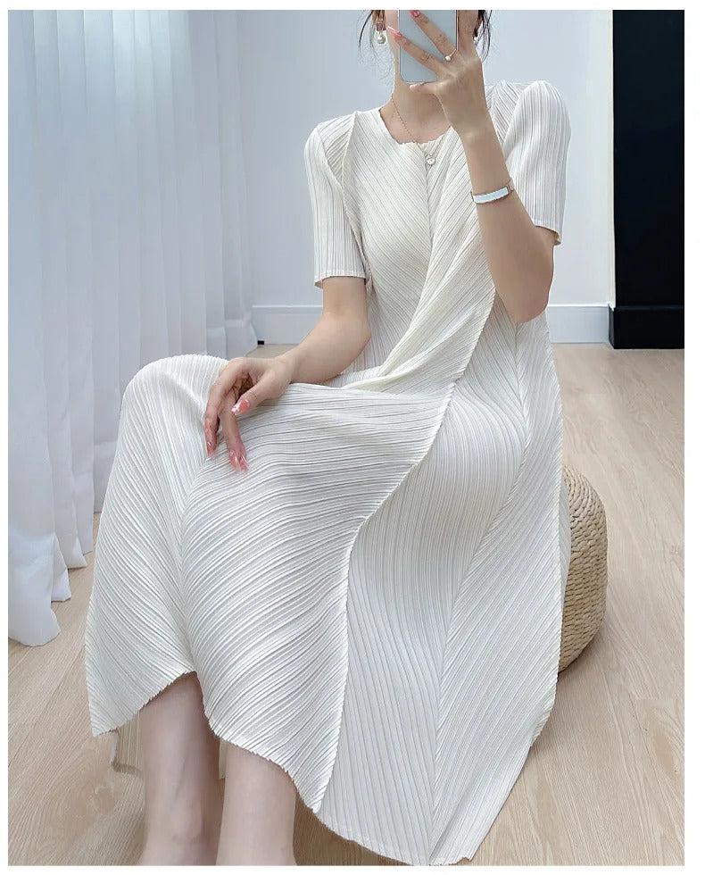 Pleated Dress for Women 2025 Summer New Casual Loose Oblique Pleated Pure Color Minimal Versatile Short Sleeve Dresses