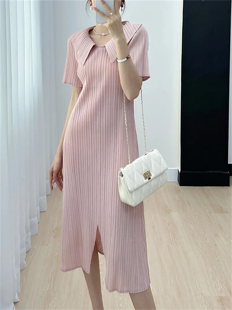 Pleated Dress for Women 2025 Summer New Skirt High-End Temperament Youthful-Looking Niche Lapel Slit Versatile Dresses