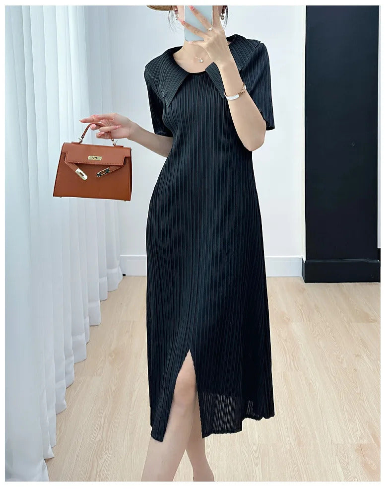 Pleated Dress for Women 2025 Summer New Skirt High-End Temperament Youthful-Looking Niche Lapel Slit Versatile Dresses