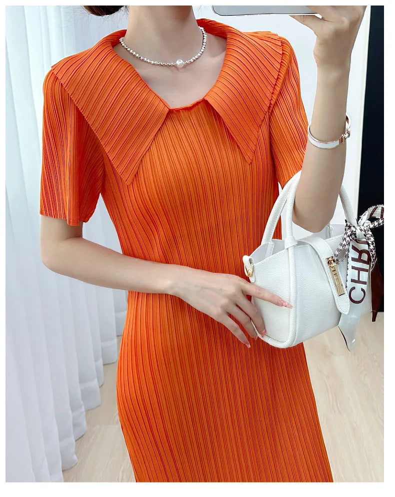 Pleated Dress for Women 2025 Summer New Skirt High-End Temperament Youthful-Looking Niche Lapel Slit Versatile Dresses