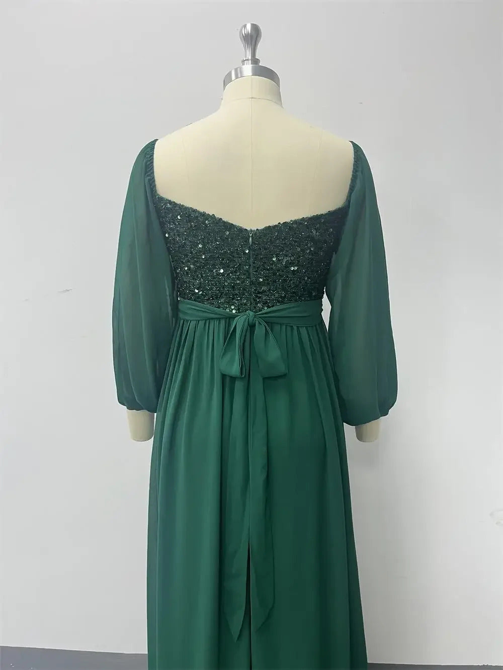 Women Strapless Dark Green Long Sleeved Evening Dresses Sequin Chiffon Free Wear Square Neck Party Gown Elegant Formal Dress