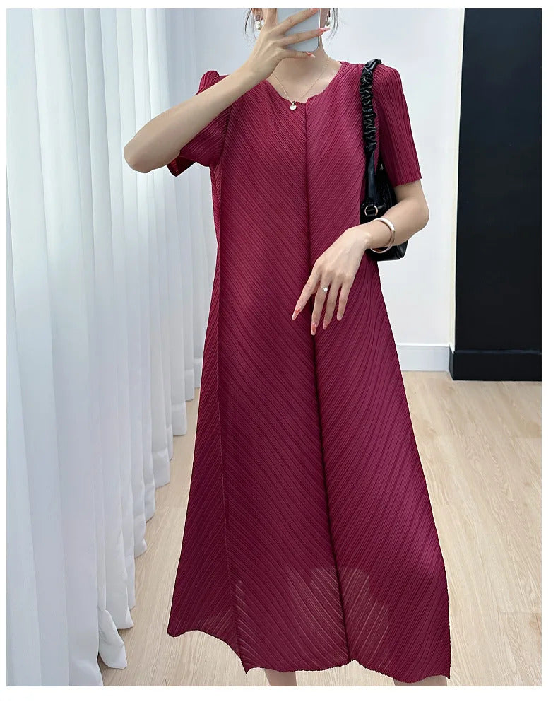 Pleated Dress for Women 2025 Summer New Casual Loose Oblique Pleated Pure Color Minimal Versatile Short Sleeve Dresses