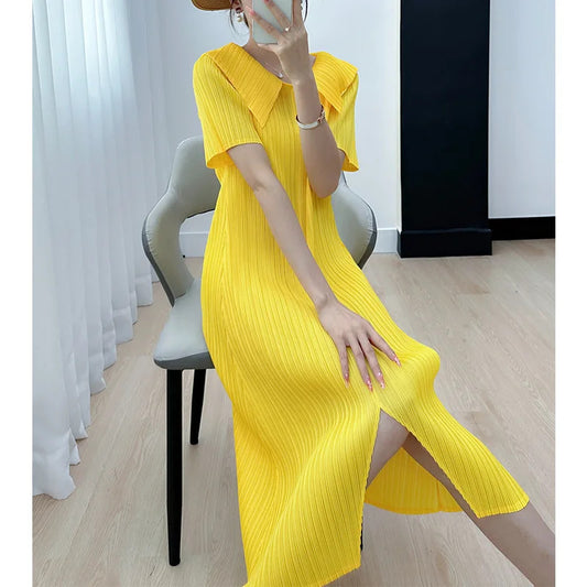 Pleated Dress for Women 2025 Summer New Skirt High-End Temperament Youthful-Looking Niche Lapel Slit Versatile Dresses