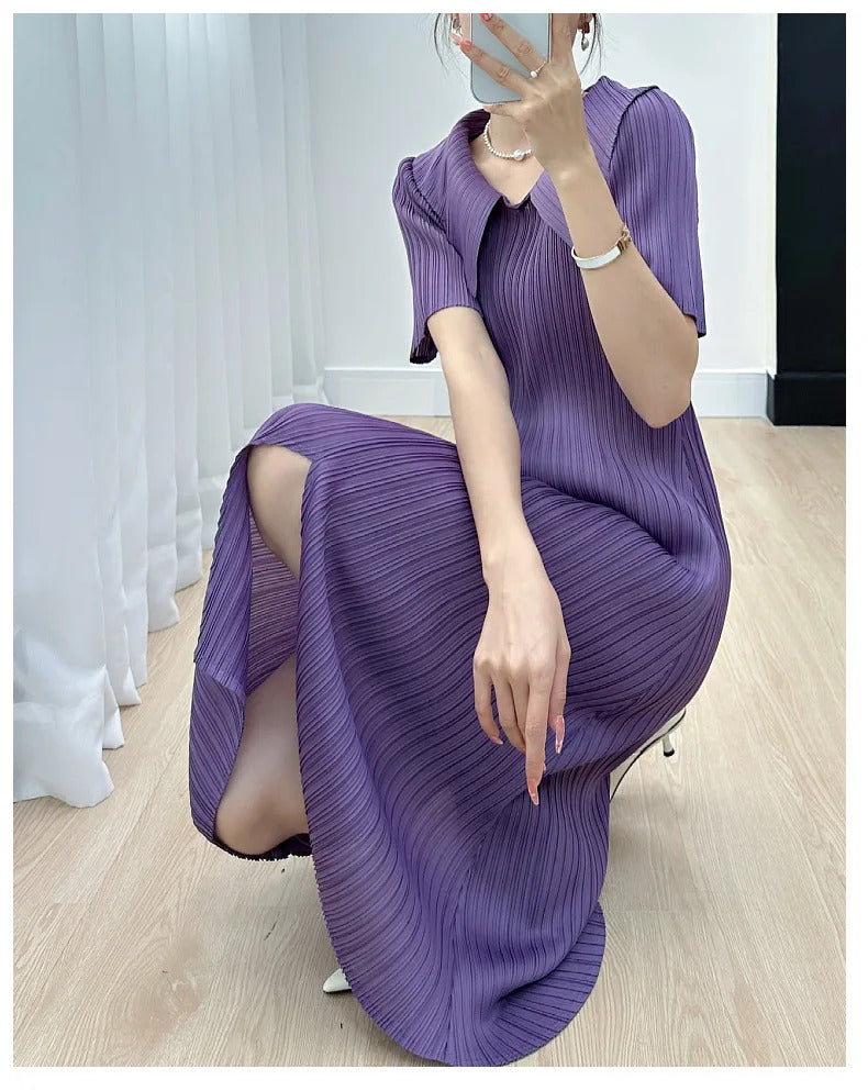 Pleated Dress for Women 2025 Summer New Skirt High-End Temperament Youthful-Looking Niche Lapel Slit Versatile Dresses