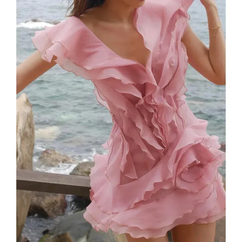 Elegent Solid Layered Ruffle Edge Mini Dress Women Sexy Boat Neck Sleeveless Backless Dresses 2025 Summer Lady Vacation Vestidos