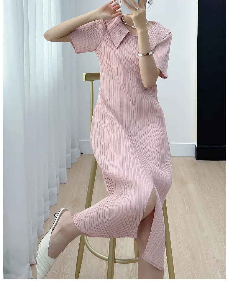 Pleated Dress for Women 2025 Summer New Skirt High-End Temperament Youthful-Looking Niche Lapel Slit Versatile Dresses