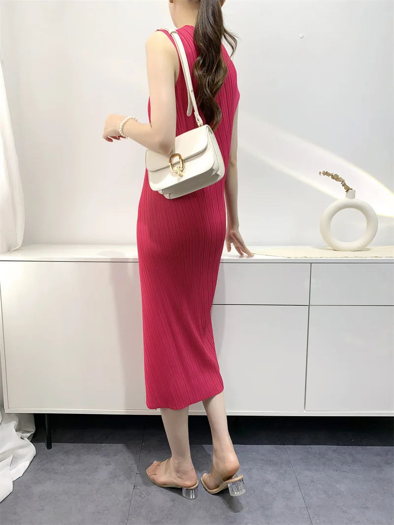 Pleated Dress for Women 2025 Summer New Slim-Fit Slimming Mid-Length Pleated Skirt Spiral Stitching Vest Dresses Women