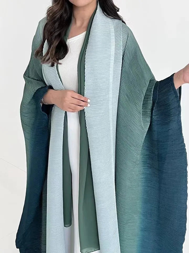 Pleated Trench Coat for Women 2025 Autumn New Gradient Color Plus-Sized Plus-Sized Batwing Sleeve Scarf Long Shawl Dress