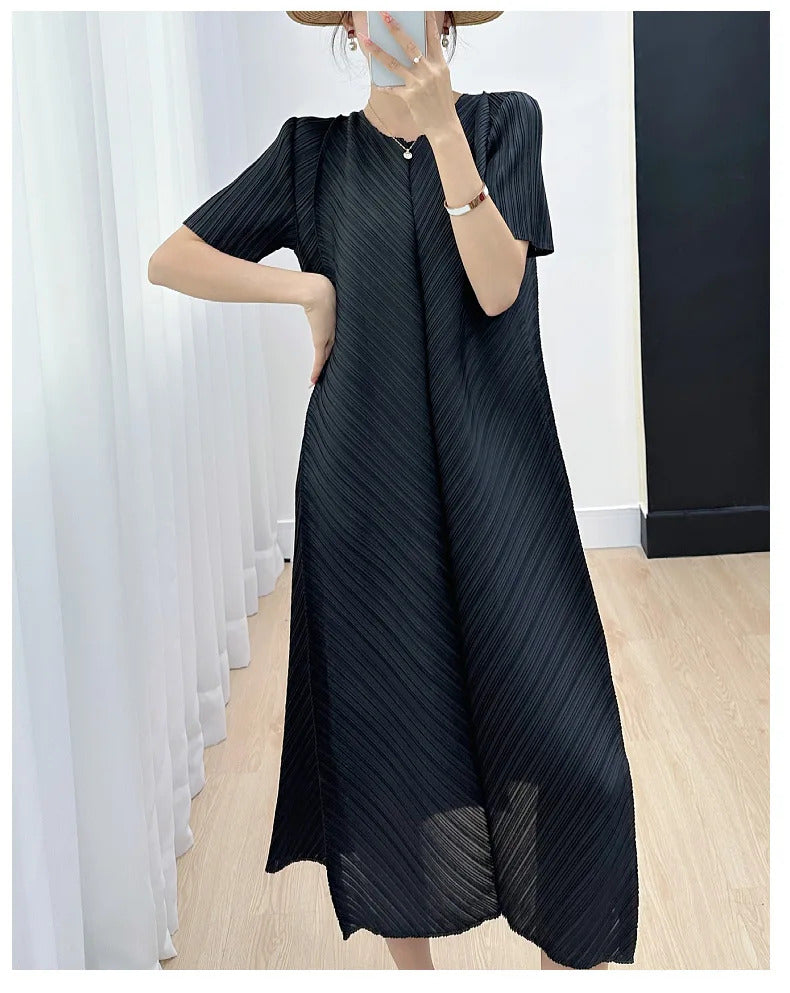 Pleated Dress for Women 2025 Summer New Casual Loose Oblique Pleated Pure Color Minimal Versatile Short Sleeve Dresses