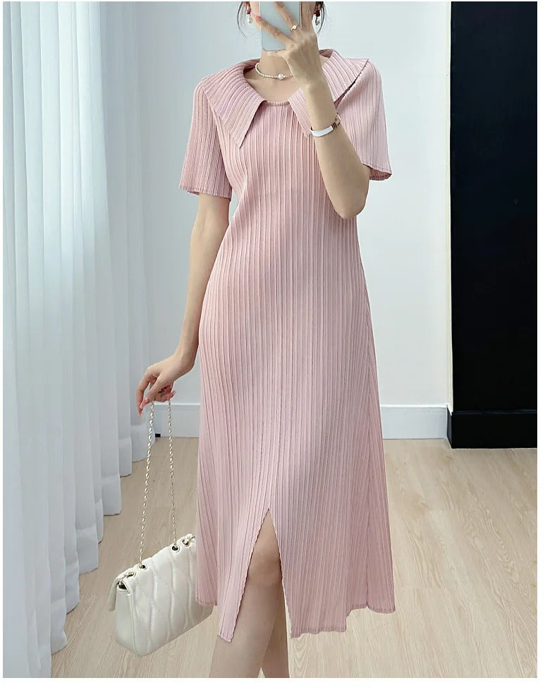 Pleated Dress for Women 2025 Summer New Skirt High-End Temperament Youthful-Looking Niche Lapel Slit Versatile Dresses