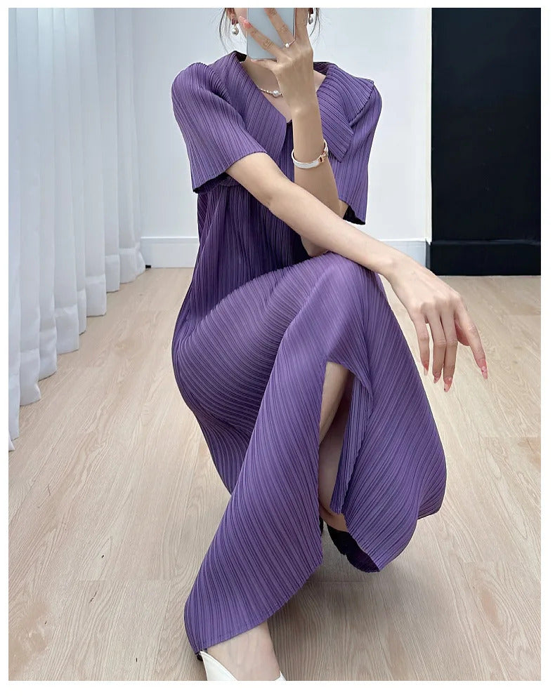 Pleated Dress for Women 2025 Summer New Skirt High-End Temperament Youthful-Looking Niche Lapel Slit Versatile Dresses