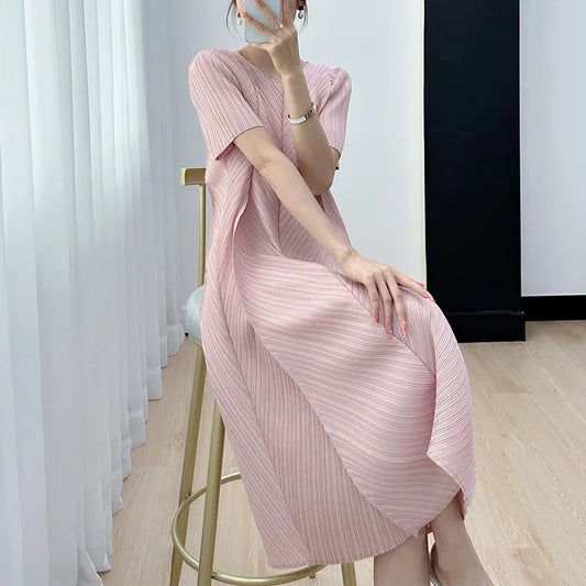 Pleated Dress for Women 2025 Summer New Casual Loose Oblique Pleated Pure Color Minimal Versatile Short Sleeve Dresses