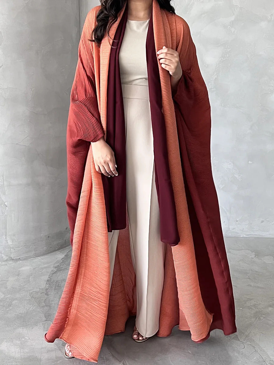 Pleated Trench Coat for Women 2025 Autumn New Gradient Color Plus-Sized Plus-Sized Batwing Sleeve Scarf Long Shawl Dress